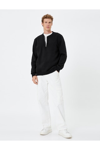Koton Yarım Fermuarlı Sweatshirt Kolej Yaka Uzun Kollu Ribanalı Şardonlu Siyah 4wam70071mk Siyah