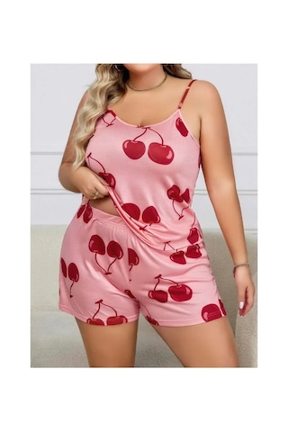 E-bulurum Büyük Beden Pembe Kiraz Desen İnce Askılı Pamuklu Şortlu Pijama Takımı