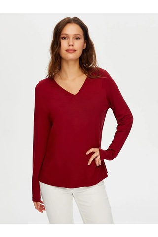 Faik Sönmez V Yaka Kadın Uzun Kol T-shirt W26tsh003 Bordo