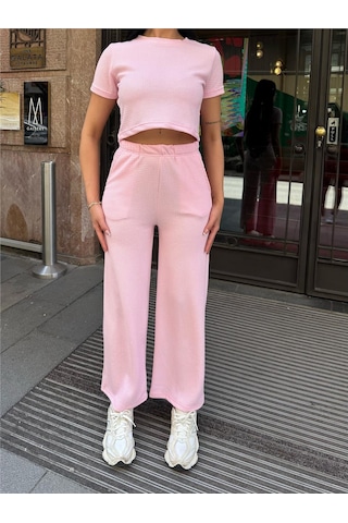 WeShaya Pembe Modal Keten Dokulu Bisiklet Yaka Takım Pembe