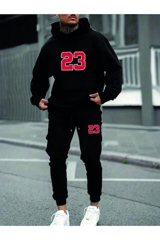 Hunors Sportswear & Company Siyah Erkek Oversize Basic Kapüşonlu Paçası Lastikli Beast Moda Baskılı Pamuklu Eşofman Takımı Siyaaahh