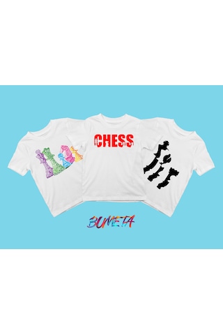 Bumeta Satranç Şah Mat Chess Baskılı Çocuk Tişört 3 Lü Set Beyaz