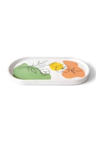 Dekoratif Art Line Stil Oval Tabak - El Yapımı Çiçek Desenli Modern Ev Dekoru 19 X 8 Cm