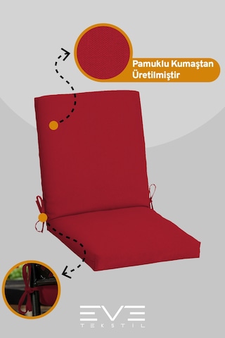 Eve Tekstil Bahçe - Salon - Balkon Arkalıklı Fermuarlı Bağlanabilir Yıkanabilir Sandalye Minderi 4 Adet Kırmızı