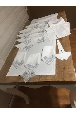 Finezza Batik Gümüş Dantelli Pamuk Kumaş Beyaz Mutfak Takımı 17 P