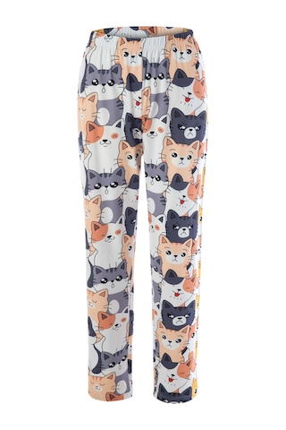 Kadın Gri Pamuklu Kedili Örme Pijama Takımı Kk70632 Gri - Füme