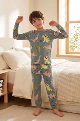 Zuzunga Dinozor Desenli Erkek Çocuk Pijama Takımı Gri