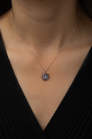 Renkli Taşlı Güneş Kolye, Rodyum Kalemli Rose Gold Kaplama 925 Ayar Gümüş