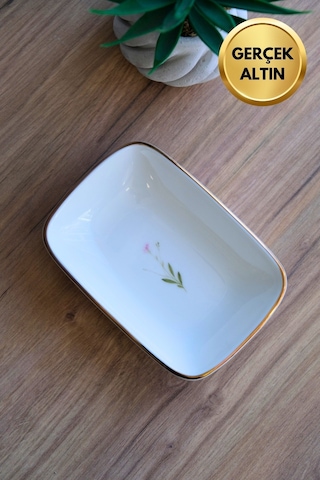 Tabak Evi Porselen Natura Çuha Altın Yaldızlı Dikdörtgen Kayık Tabak 14x9,8cm Tekli Çok Renkli