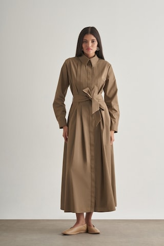 Mizalle Premium Saf Pamuk Mocha Rengi Piliseli Uzun Elbise Çok Renkli