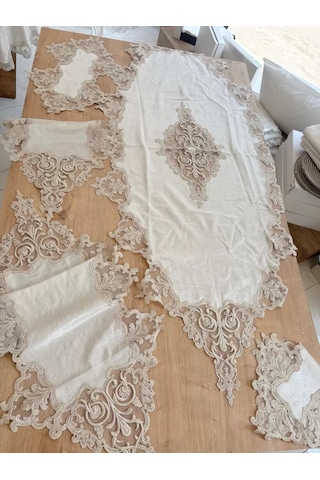 Buradabulabilirsin Salon Takımı Çeyizlik Krem Runner Set 5 Parça Kadife Masa Örtüsü Runneri Eva Bbz