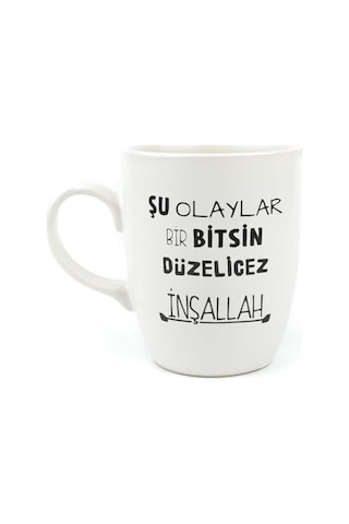 Şu Olaylar Bir Bitsin Düzelicez İnşallah Krem Oval Kupa - Hediye Seramik Kupa Açık Ahşap