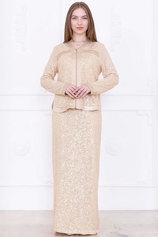 V Yaka Payetli İkili Takım 4716-bej Bej