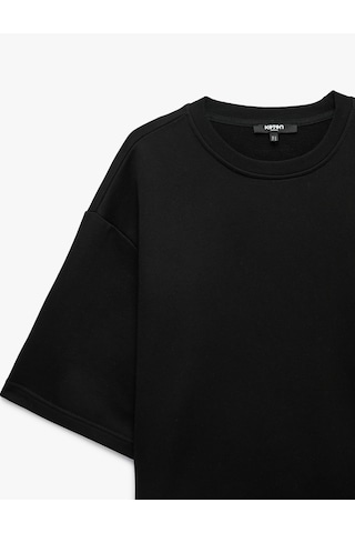 Koton Etiket Detaylı Üç İplik Rahat Kalıp Bisiklet Yaka Kısa Kollu Sweatshirt Siyah 7wam70209mk