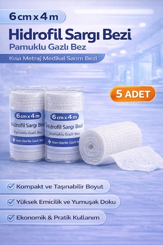6 Cm X 4 M Hidrofil Sargı Bezi Pamuklu Gazlı Bez Kısa Metraj Medikal Sarım Bezi 5 Adet