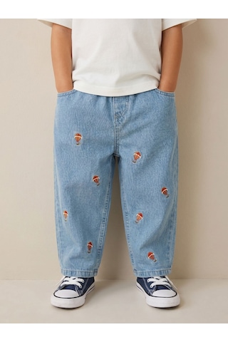 Magu Unisex Çocuk Pamuklu Balon Nakışlı Oversize Kot Pantolon Mavi