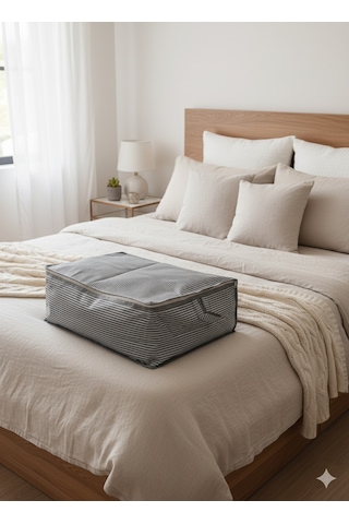 6'lı Gri Çizgili Büyük Baza Altı & Çekyat Tipi Tela Hurç 65x45x22 Cm Fermuarlı Saklama Ve Düzenleme Hurcu Gri