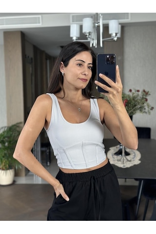 Forlady Gri U Yaka Önü Biyeli Kadın Crop - Gri