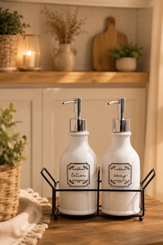 Porsima 3115 Gümüş Kapaklı Porselen 2li Sıvı Sabunluk Beyaz 700 Ml Beyaz