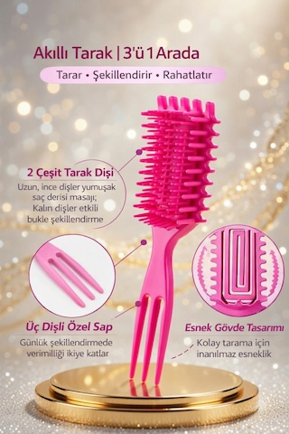 Yurısh Akıllı Fırça 3 İn 1 Kıvırcık Saç Belirginleştirici Bukle Tarağı Pembe