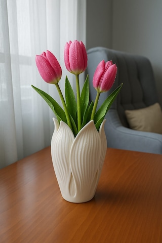 Lotus 3d Modern Tarz Dekoratif Vazo Beyaz