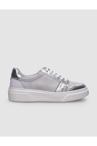 %100 Hakiki Deri Beyaz - Gri Kadın Sneaker Beyaz