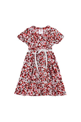 Çiçek Desenli Kemerli Kız Bebek Elbise Kırmızı Bipamuk 001