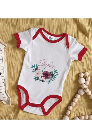 Bk Gift Bk Kids Kişiye Özel Çiçek Tasarımlı Kırmızı Bebek Body Zıbın-25 Çok Renkli