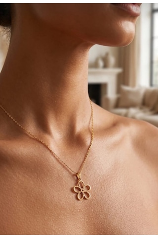Lunarie Çizgisel Çiçek Figürlü Kolye 14k Gold Kararmaz Çelik Altın
