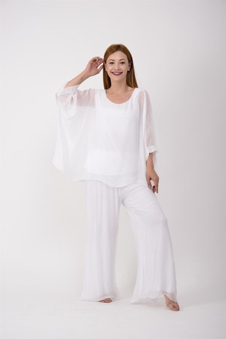 Bohem Stil İtalyan Yarasa Kol İpek Bluz & Pantolon Takım-8767 Beyaz