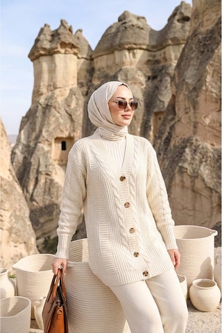 Sayzen Your Shine Trend Saç Örgülü Düğmeli Tunik Hırka Ekru