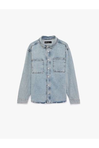 Koton Uzun Kollu Cepli Düğmeli Gömlek Yaka Oversize Jean Gömlek Ceket Açık İndigo 6sam50069nd