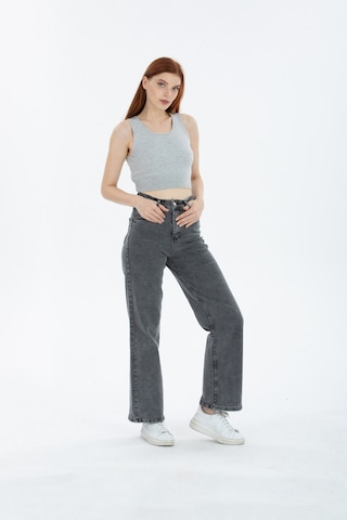 90's Kar Yıkama Kar Gri Likralı Süper Yüksek Bel Wide Leg Salaş Jeans Palazzo Kot Pantolon Gri