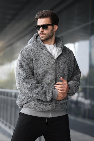 Madmext Gri Peluş Over Fit Kapüşonlu Fermuarlı Erkek Sweatshirt 6049 Gri