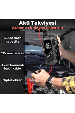 Q18 Jump Starter Akü Takviye Cihazı Hava Kompresörlü Powerbank 12000 Mah 4'ü 1 Arada