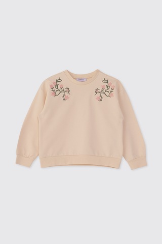Panço Kız Çocuk Nakış Detaylı Bej Sweatshirt Krem