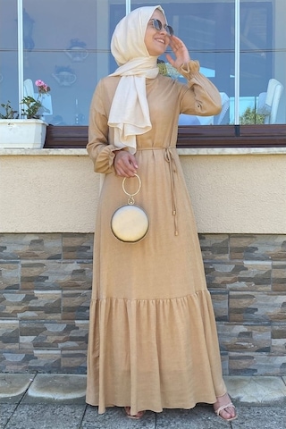 Rabia Şamlı Duru Simli Camel Elbise Bej