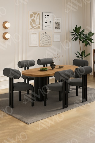 Avvio Pofi Bohem6'lı Metal Sandalye 80x160 Mutfak Masa Takımı Yemek Masa Takımı Masa Sandalye Takımı Akça Masa Sandalye Siyah Kumaş Antrasit Gri