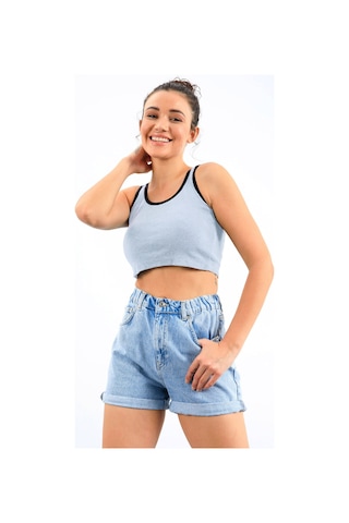 Tommy Life Gök Mavi Basic Sıfır Kol Dar Kalıp U Yaka Kadın Crop Top Atlet - 97162 Mavi