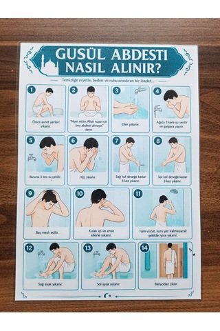 Her Eve Lazım Su Geçirmez Lamine Gusül Abdesti Kılavuzu Banyo Fayansına Yapışan Pratik Öğrenme Tablosu A4 Boyut