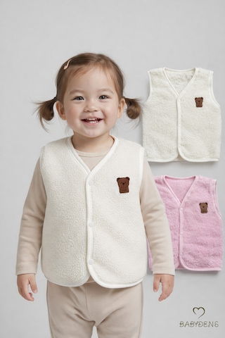Babyden's 2 Li Welsoft Yelek Seti Kız Bebek Çocuk Ayıcık Armalı Peluş Yumuşak Kışlık Yelek Ekru - Pembe