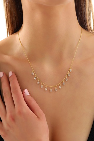 925 Ayar Gümüş Ful Damla Zirkon Taş Sallantılı Kolye Altın