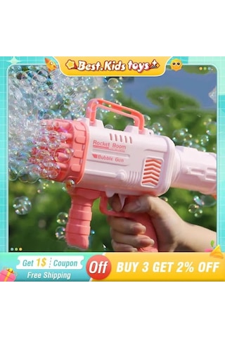 Pilli Roket Atar Köpük Tabancası 32 Delikli Bazooka Bubble Machine - Pembe Pembe