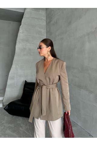 Haki Elegant Kuşaklı Ceket Haki