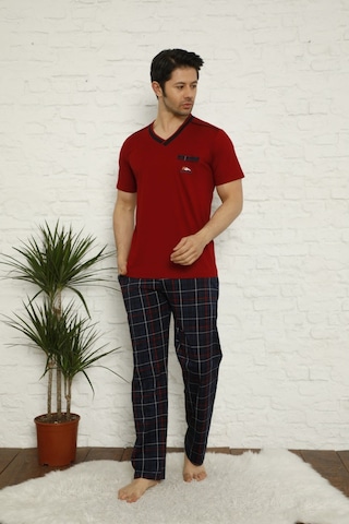 Alimer Erkek V Yaka Ekose Desen %100 Pamuk Kısa Kol Cepli Pijama Takımı Bordo
