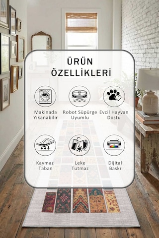 Valeri Dijital Baskılı Kaymaz Yıkanabilir Yolluk Açık Gri
