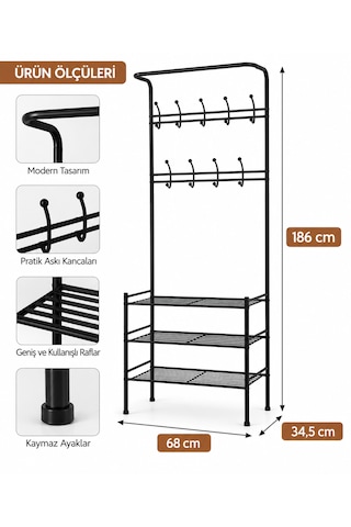Siyah Alüminyum Vestiyer Askılık 3 Katlı Ayakkabılık Çok Amaçlı Portmanto 68x34,5x186 Cm