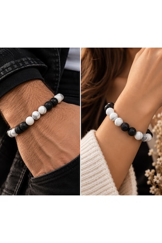 Siyah Lav Taşı Ve Beyaz Havlit Taşı Unisex Bileklik-el Yapımı Doğaltaş Siyah - Beyaz