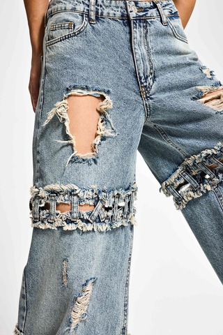Itsbasic Kadın Kot Rengi Palazzo Fit Yırtık Detaylı Tasarım Denim Jean Mavi