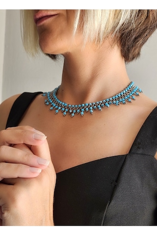 Etnik Bohem Gri Turkuaz Salkım Model Kum Kristal Boncuk Kolye El Yapımı Turkuaz - Gri